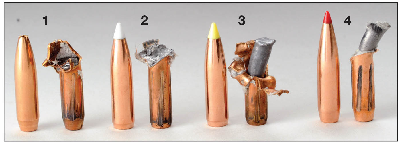 Typical examples of .277-inch diameter bullets recovered from wet newsprint include (left to right): a (1) Sierra 140-grain HPBT, 1,492 fps, 13 inches of penetration; (2) Nosler 140 AccuBond, 1,521 fps, 14 inches; (3) Nosler 140 Ballistic Tip, 1,457, 10 inches and the (4) Hornady 145 ELD-X, 1,513, 14 inches.